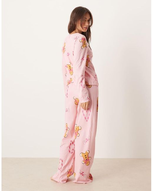 ASOS Pink Gingerbread & Candy Cane Long Sleeve Top & Trouser Pyjama Set