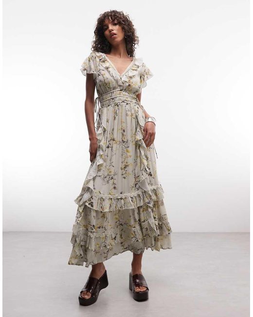 AllSaints Green Canto Ruffle Tiered Floral Midi Dress Pale