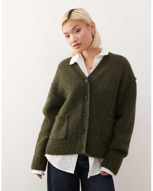 Cárdigan Verde Oscuro Melange Holgado Con Cuello De Pico De Mezcla De Lana De Weekday de color Green
