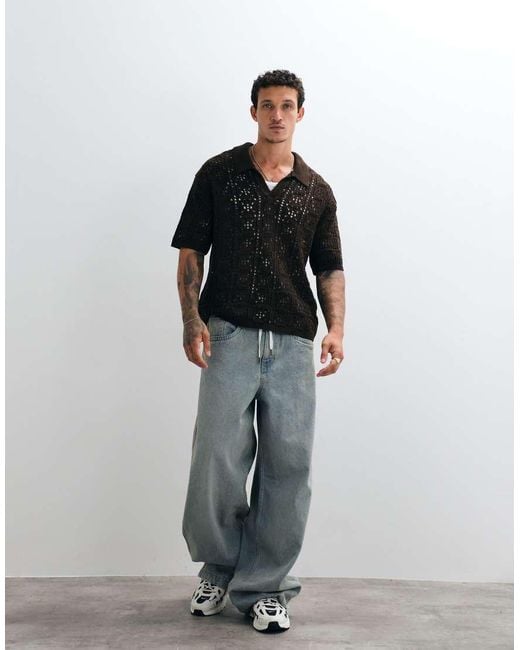 Reclaimed Vintage Black Crochet Knit Shirt for men