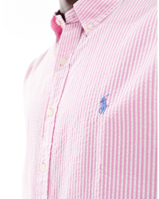 Polo Ralph Lauren Pink Icon Logo Short Sleeve Stripe Seersucker Shirt for men