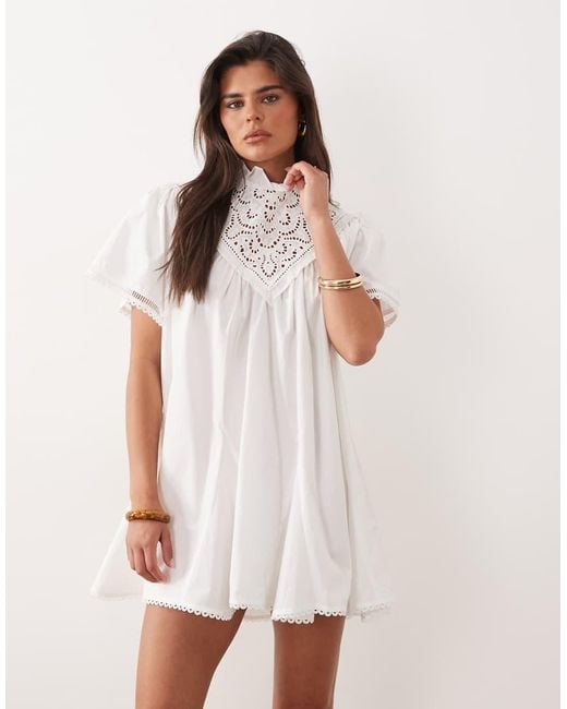 Noughts & Kisses White Cotton High Neck Lace Detail Smock Mini Dress