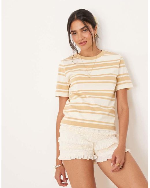 T-Shirt Color Crema E Bianca A Righe A Coste di Mango in Natural