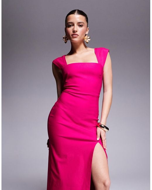 Vesper Pink Bengaline Square Neck Thigh Split Midi Dress