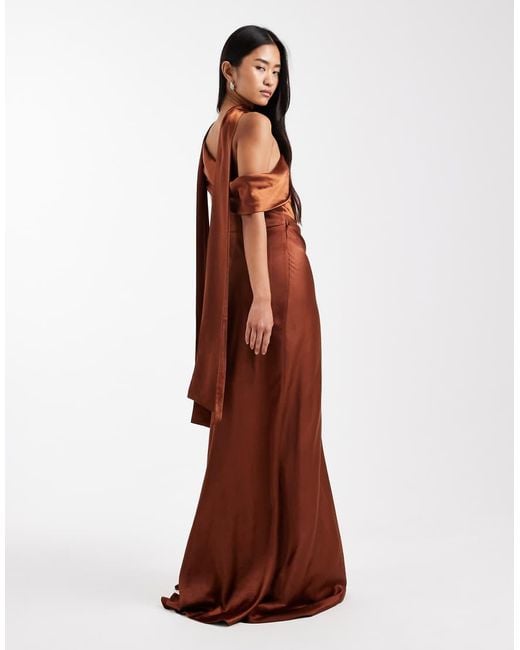 Six Stories Brown Bridesmaid Bow One Shoulder Satin Maxi Dress