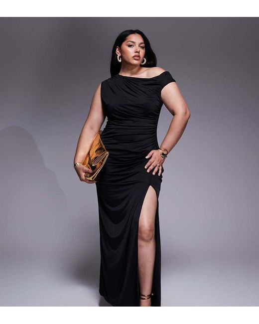 Tfnc Plus Black Asymetrical Midi Dress With Thigh Split