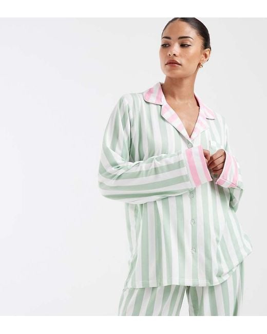 Loungeable Petite White Revere Button Up Shirt And Trouser Pyjama Set