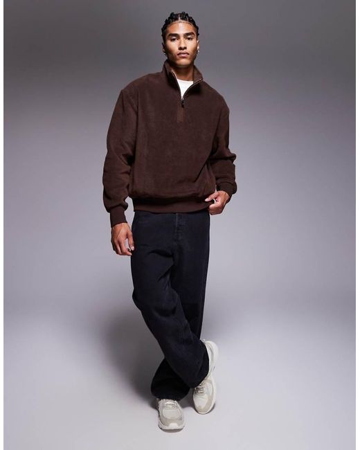 ASOS Brown Relaxed Funnel Neck Quarter Zip Fleece Sweatshirt for men