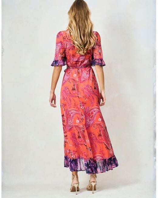 Hope & Ivy Red The Zella Contrast Frill Maxi Wrap Dress