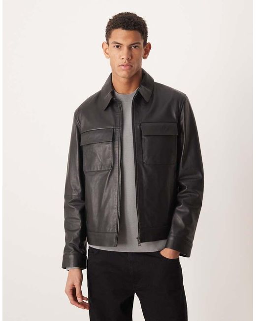 Mango Gray Pocket Detail Leather Jacket for men