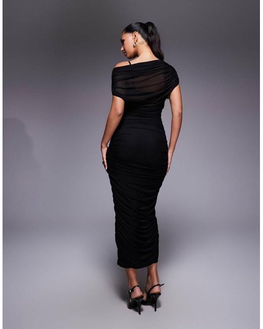 ASOS Blue Draped Shoulder Mesh Maxi Dress With Ruching