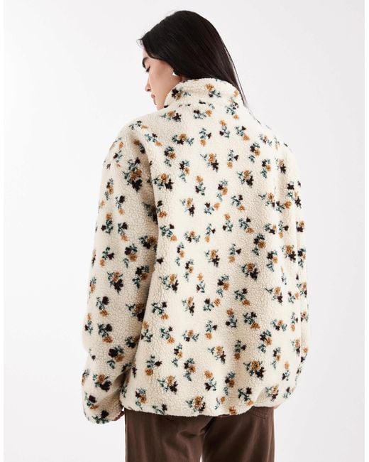 Daisy Street Natural Zip Through Printed Borg Jacket With Contrast Binding