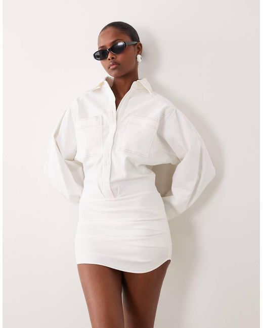 Noughts & Kisses White Denim Cinched Waist Mini Dress