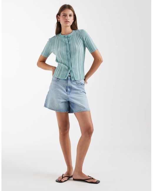 & Other Stories Blue Knitted Ribbed Short Sleeve Cardigan
