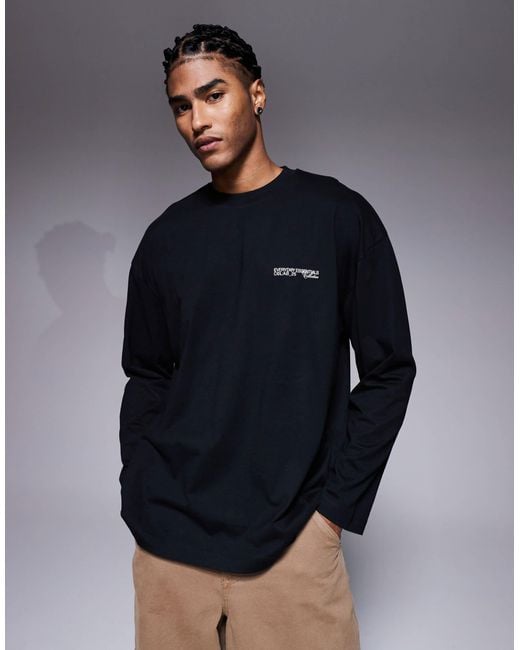 ASOS Blue Oversized Long Sleeve T-shirt With Text Chest Print for men