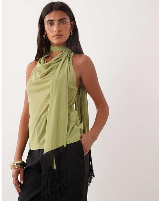 ASOS Green Sheer Mesh Cowl Neck Top With Fringe Scarf