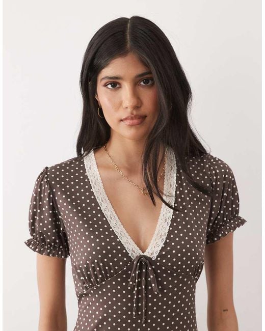 Miss Selfridge Brown V-Neck Maxi Tea Dress With Lace Trim