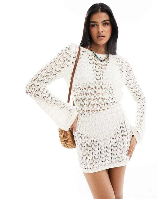 Miss Selfridge White Crochet Low Back Long Sleeve Mini Dress