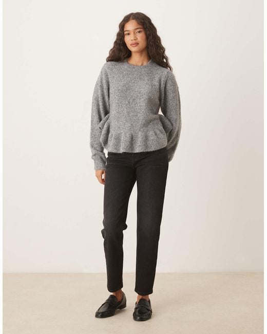 ASOS Gray Ruffle Curved Hem Jumper