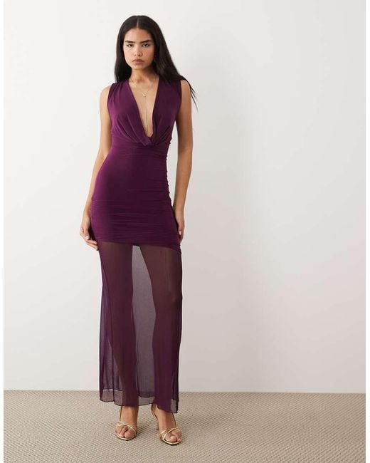 Kaiia Purple Exclusive Double Layered Slinky Extreme Cowl Neck Sheer Hem Maxi Dress