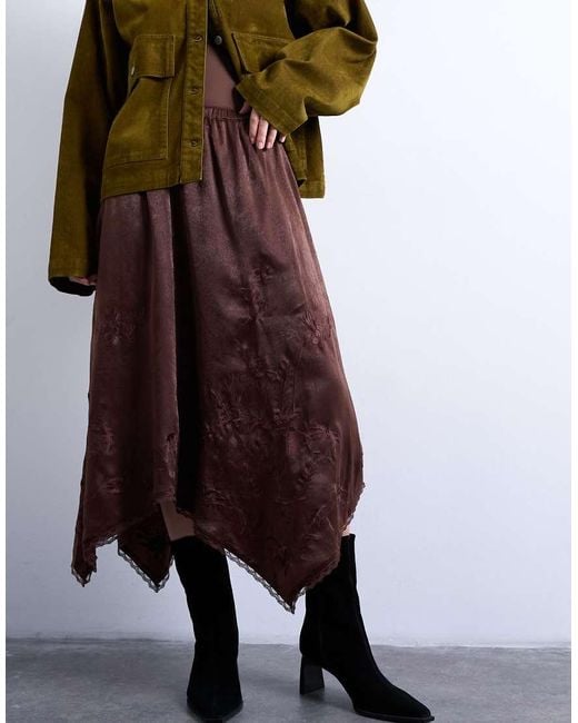 TOPSHOP Brown Satin Hanky Hem Midi Skirt With Lace Embroidery