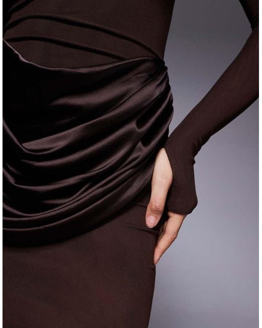 Wanderdoll Brown Wander Doll Eman Long Sleeve Slash Neck Satin Drape Waist Detail Bodycon Maxi Dress