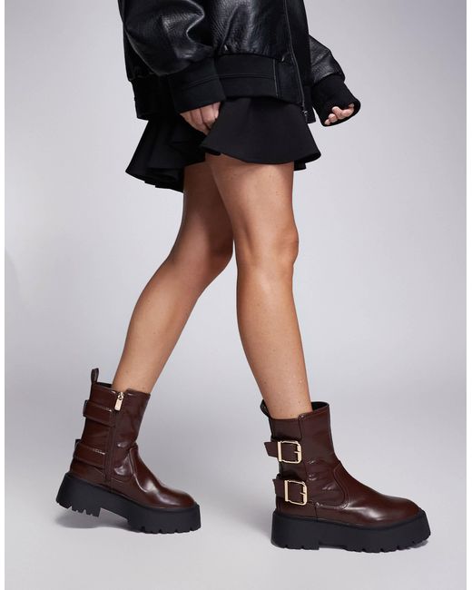 Bottines chunky style motard - bordeaux River Island en coloris Brown
