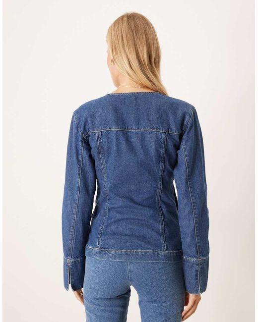 Giacca Di Jeans Senza Colletto Taglio Lungo Stretta di ASOS in Blue