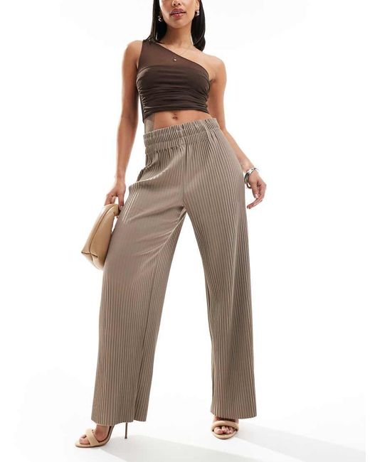 Y.A.S Brown High Waisted Wide Leg Plisse Trousers