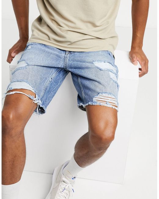 Bershka Smalle Denim Short Met Scheuren in het Blue voor heren