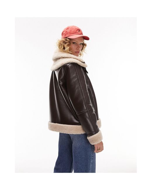 TOPSHOP Blue Faux Leather Shearling Zip Front Oversized Aviator Jacket With Double Collar Detail