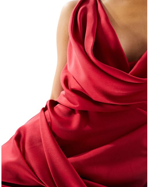 ASOS Red Satin Cowl Neck Maxi Dress With Ruching Detail