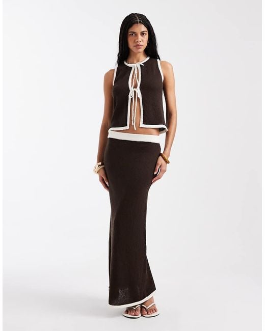 4th & Reckless Brown Knitted Contrast Trim Tie Front Beach Waistcoat Top Co-Ord