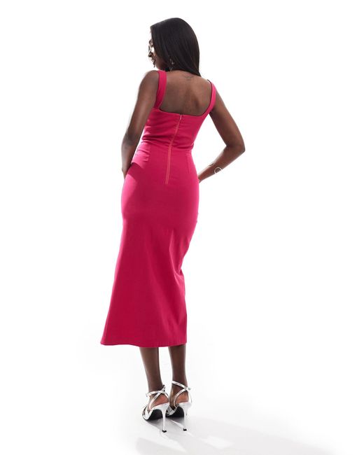 Vesper Pink Square Neck Thigh Split Midi Dress