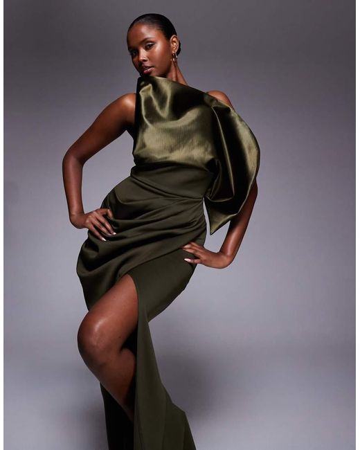 ASOS Green Premium Ruched Hip Maxi Dress With Structured Satin Drape Neck
