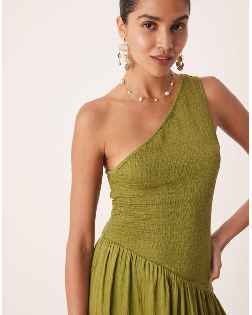 ASOS Green Crinkle Shirred Bodice One Shoulder Asym Dropped Waist Midi Dress
