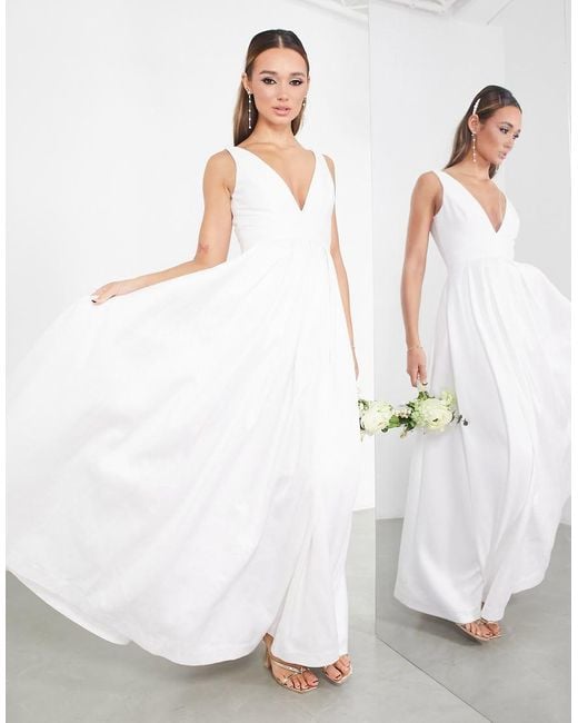 ASOS White Henrietta Plunge Waisted Wedding Dress With Full Skirt In