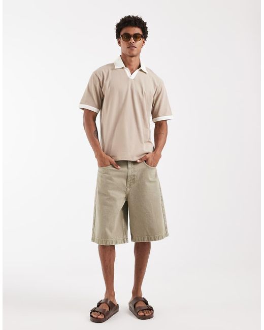 ASOS Natural Heavyweight Relaxed Notch Polo With Contrast Collar for men