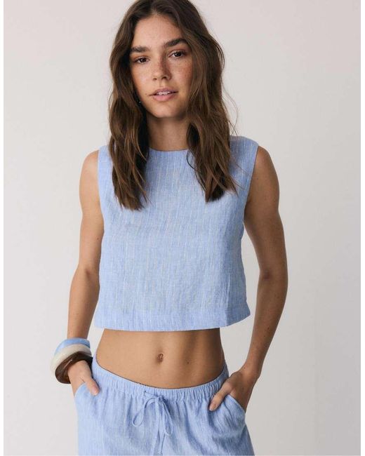 Stradivarius Blue Striped Rustic Round Neck Top