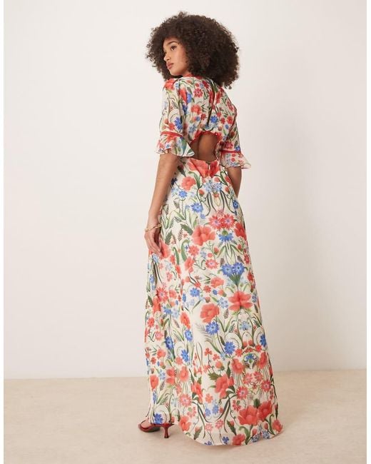 Hope & Ivy Multicolor Frill Sleeve Thigh Split Open Back Maxi Dress