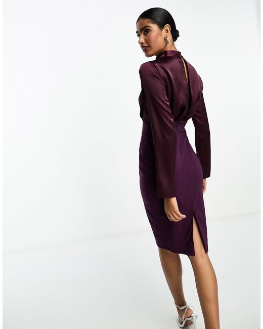 Robe mi-longue en satin avec col montant et jupe structurée ASOS en coloris Purple