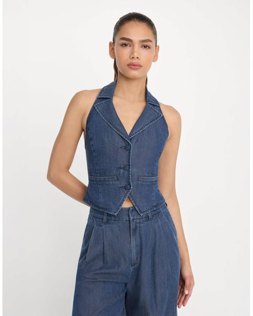GOOD AMERICAN Denim Luxe Suiting Halter Neck Waistcoat Co-Ord in Blue