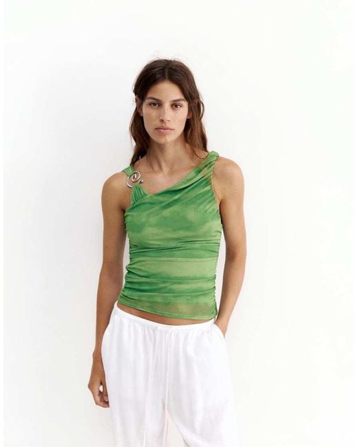 Pull&Bear Green Asymmetric Tie-dye Appliqué Top