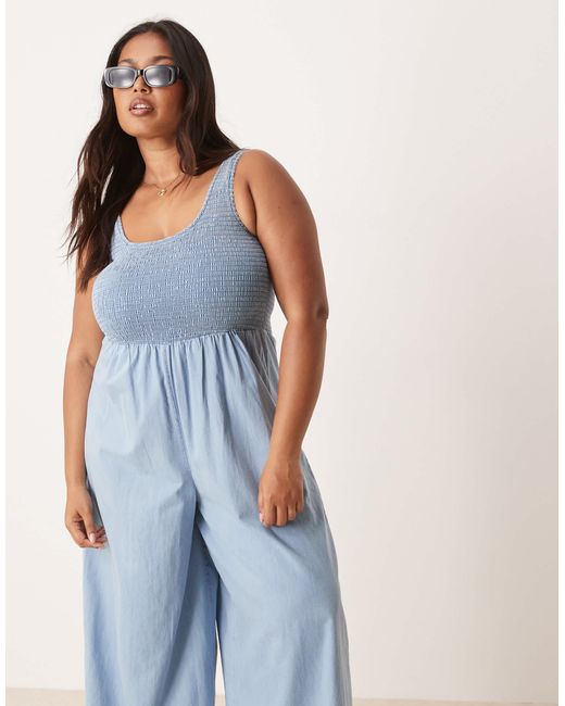 ASOS Blue Asos Design Curve Soft Denim Wide Leg Jumpsuit With Shirred Body