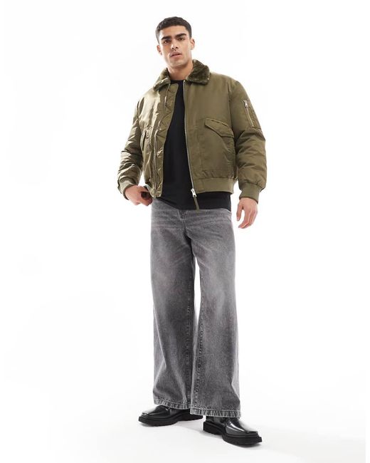 River Island Green Borg Collar Bomber Jacket for men