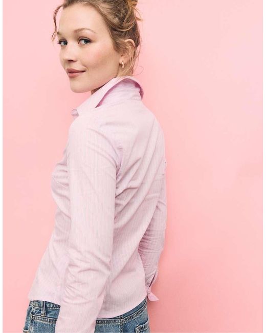 Stradivarius Pink Basic Striped Fitted Shirt