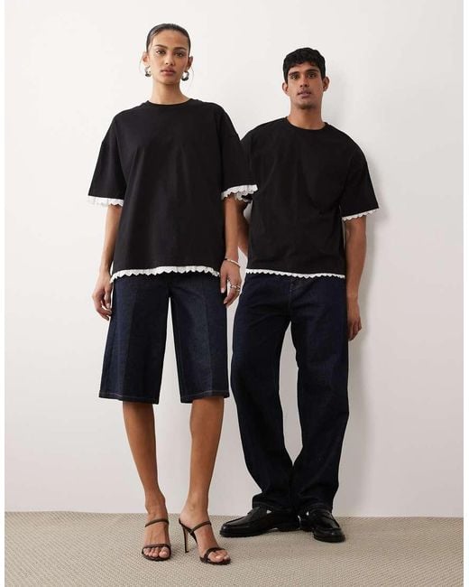 Sister Jane Black Unisex Contrast Frill Trim Oversized Cotton T-shirt