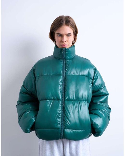 TOPSHOP Green High Shine Mid Length Puffer Jacket