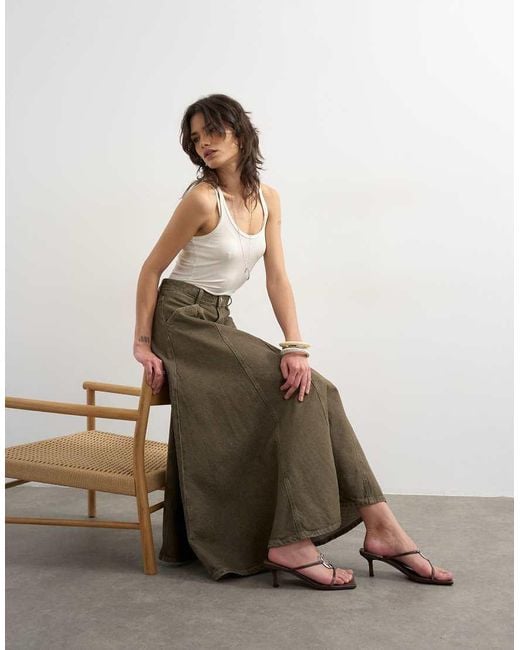 TOPSHOP Green Denim Circle Seamed Maxi Skirt