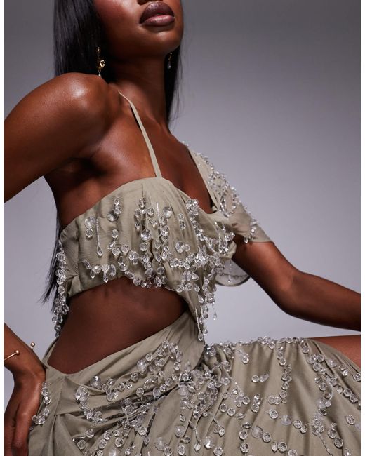ASOS Gray Draped Off Shoulder Bandeau Maxi Dress With Beaded Embellishment